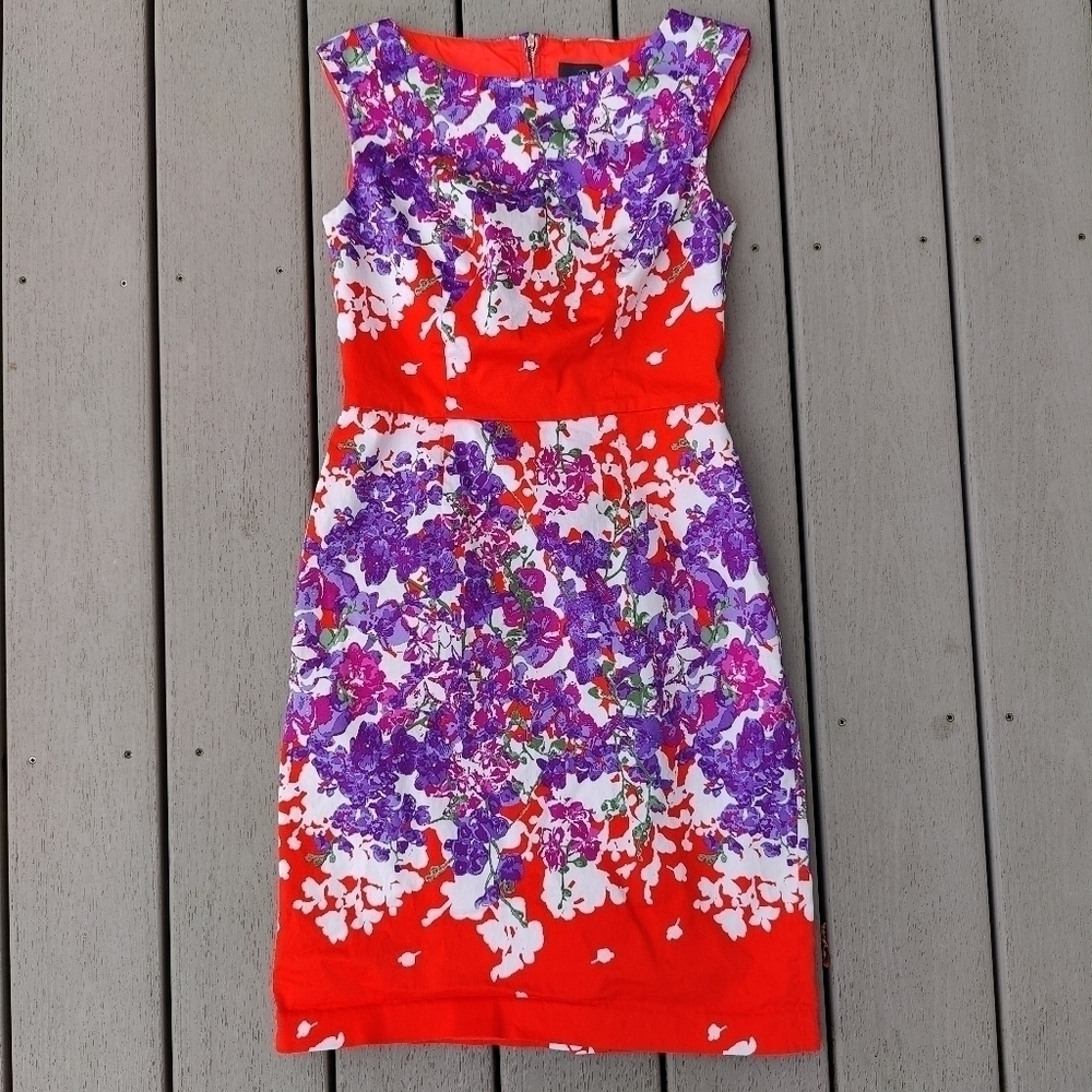 Adrianna Papell Red and Purple Asymmetrical Floral Sheath Dress
